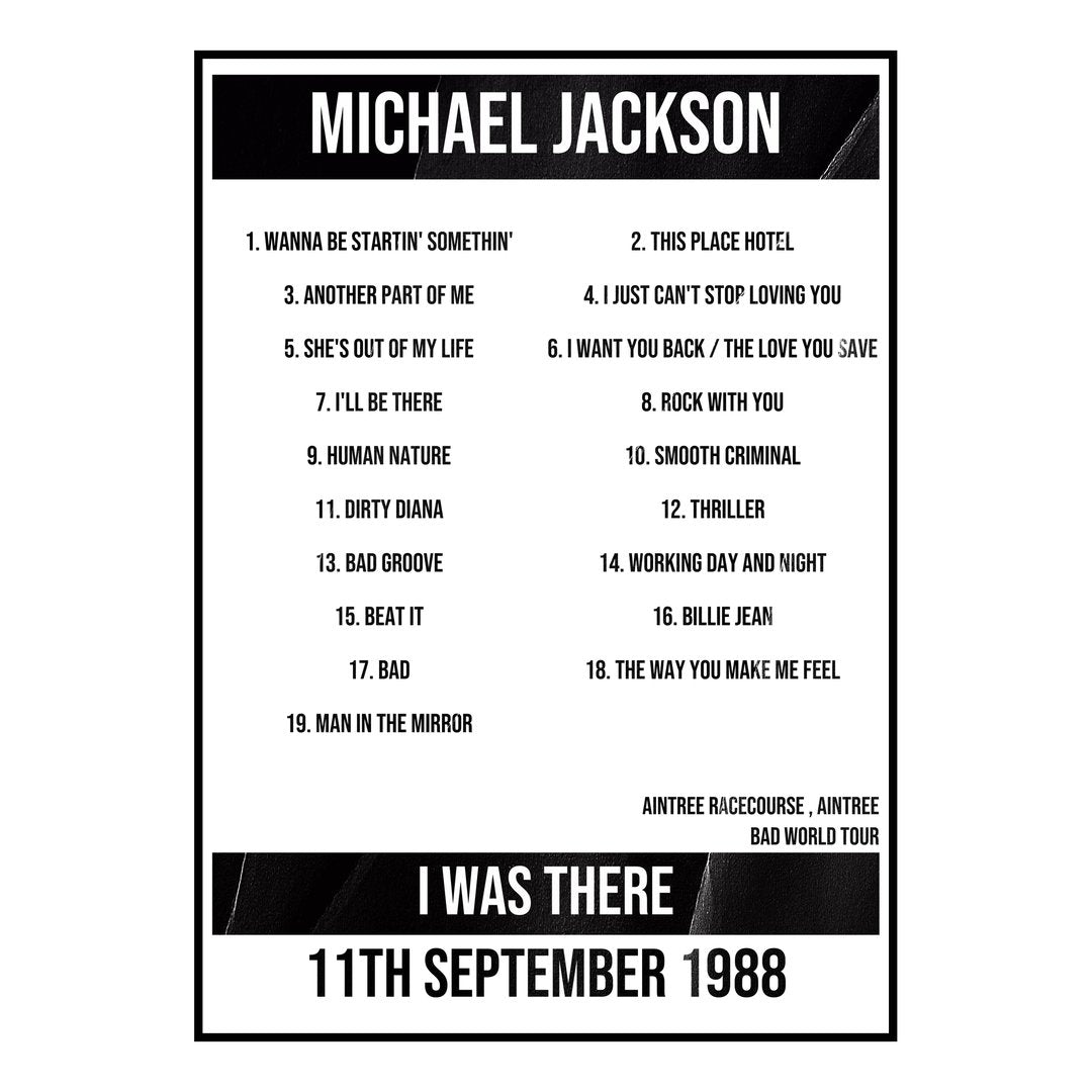 Michael Jackson Aintree 11th September 1988 Setlist poster