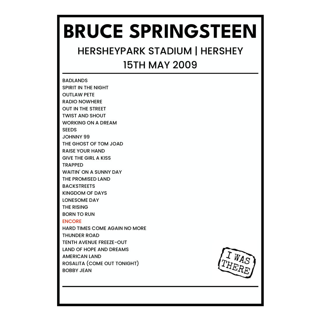 Bruce Springsteen Hershey 15th May 2009 Setlist poster