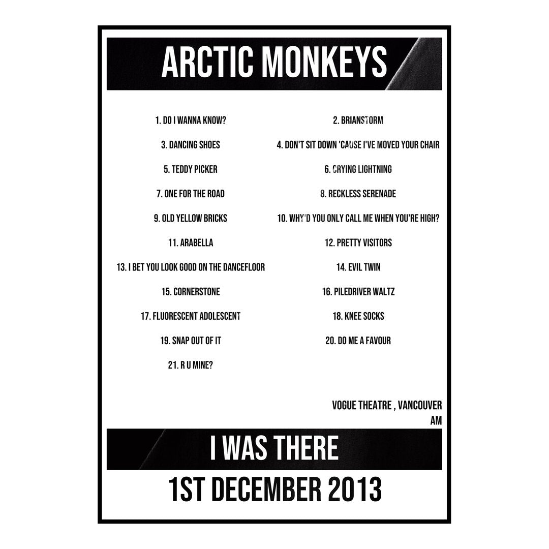 Arctic Monkeys Vancouver 1st December 2013 Setlist poster