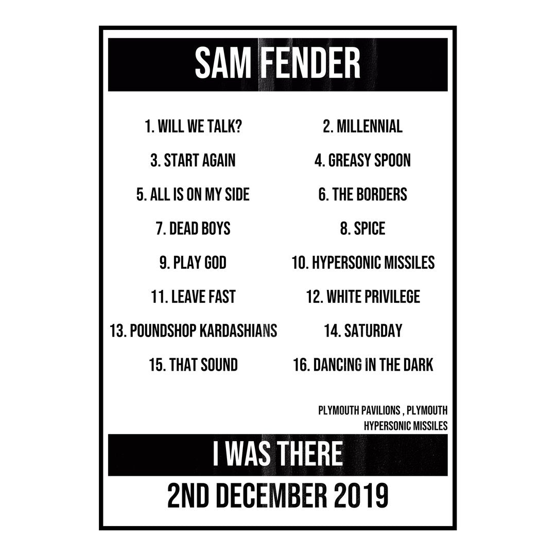 Sam Fender Plymouth 2nd December 2019 Setlist poster
