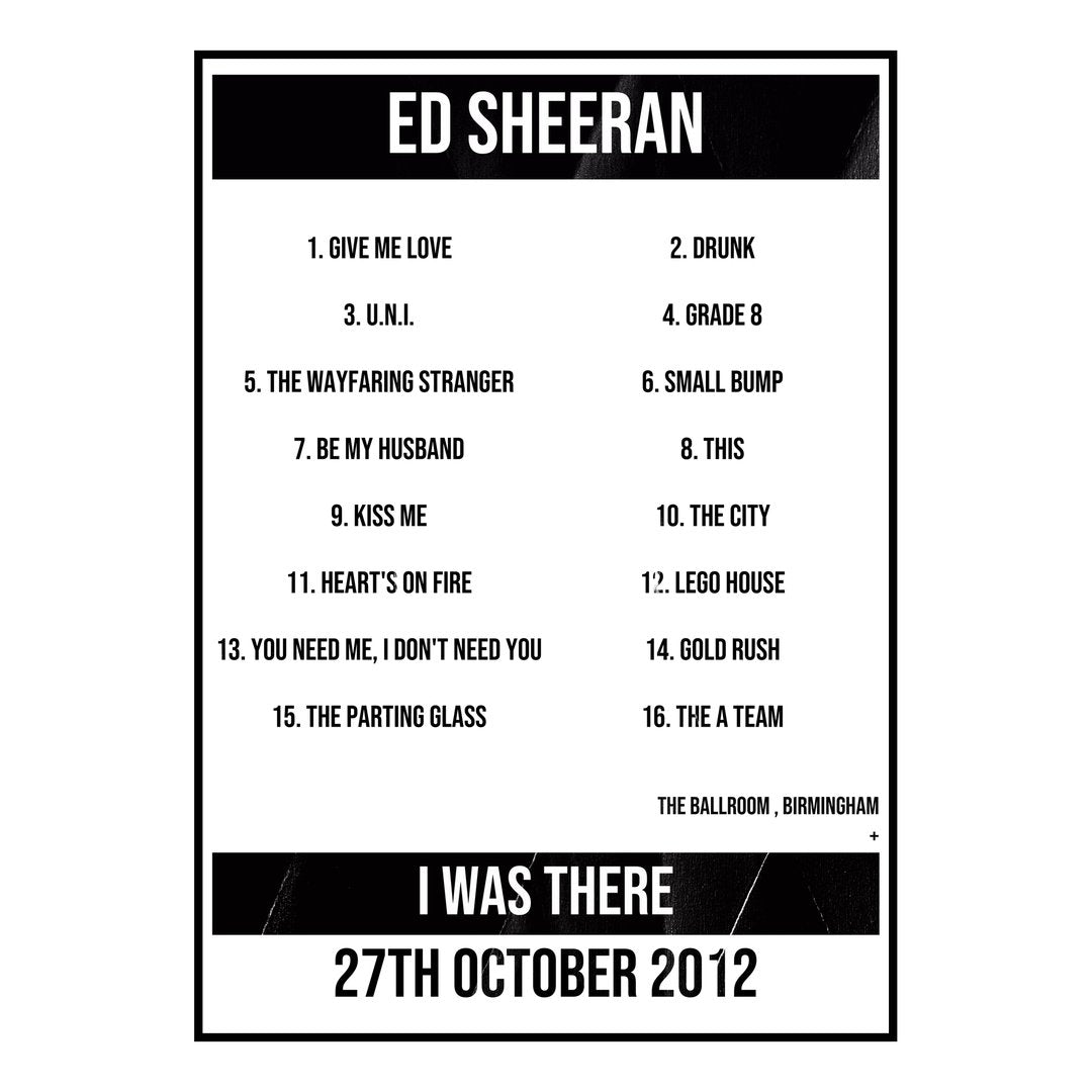 Ed Sheeran Birmingham 27th October 2012 Setlist poster