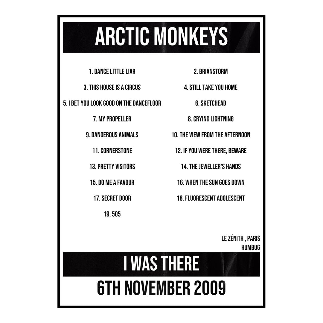 Arctic Monkeys Paris 6th November 2009 Setlist poster