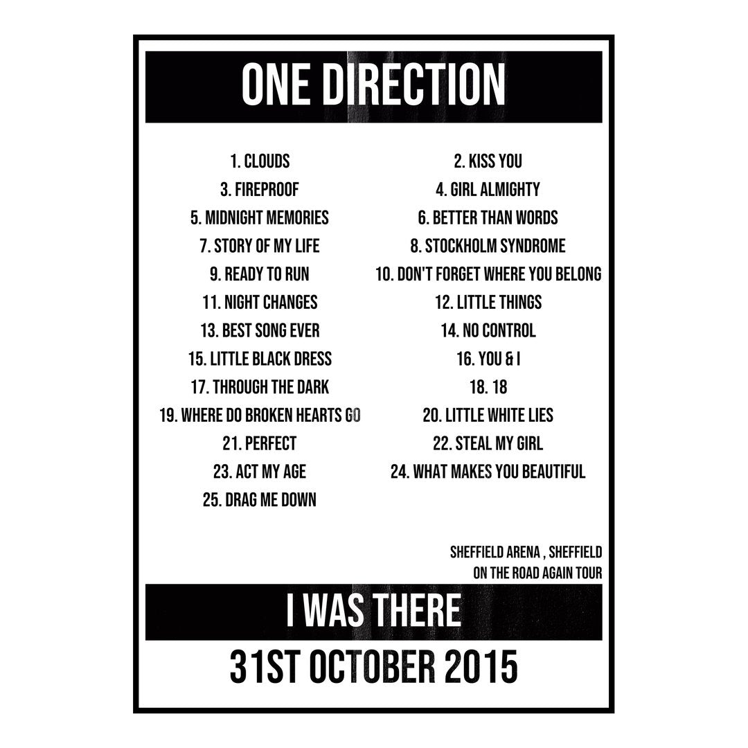 One Direction Sheffield 31st October 2015 Setlist poster