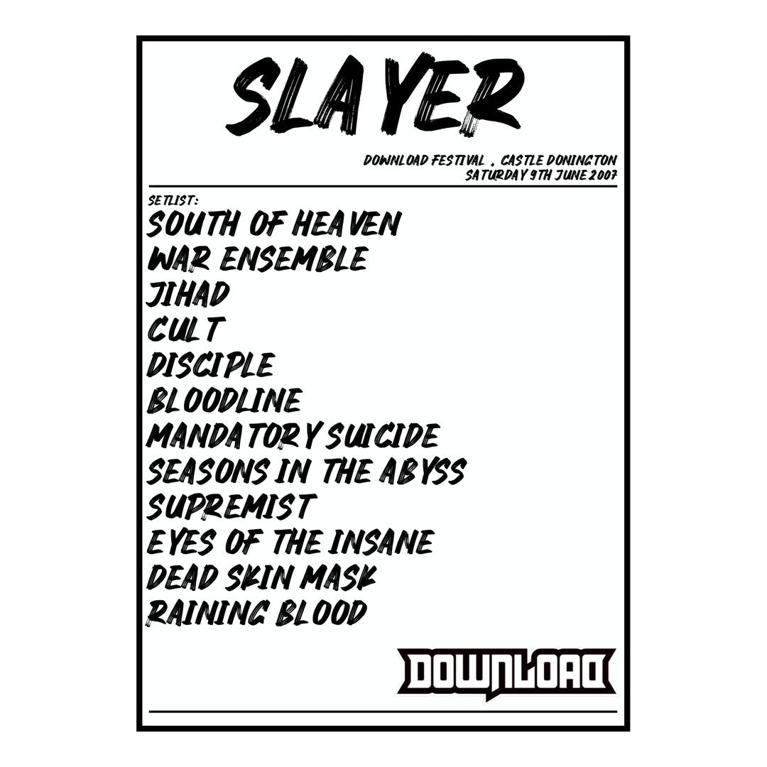 Slayer Castle Donington 9th June 2007 Setlist poster