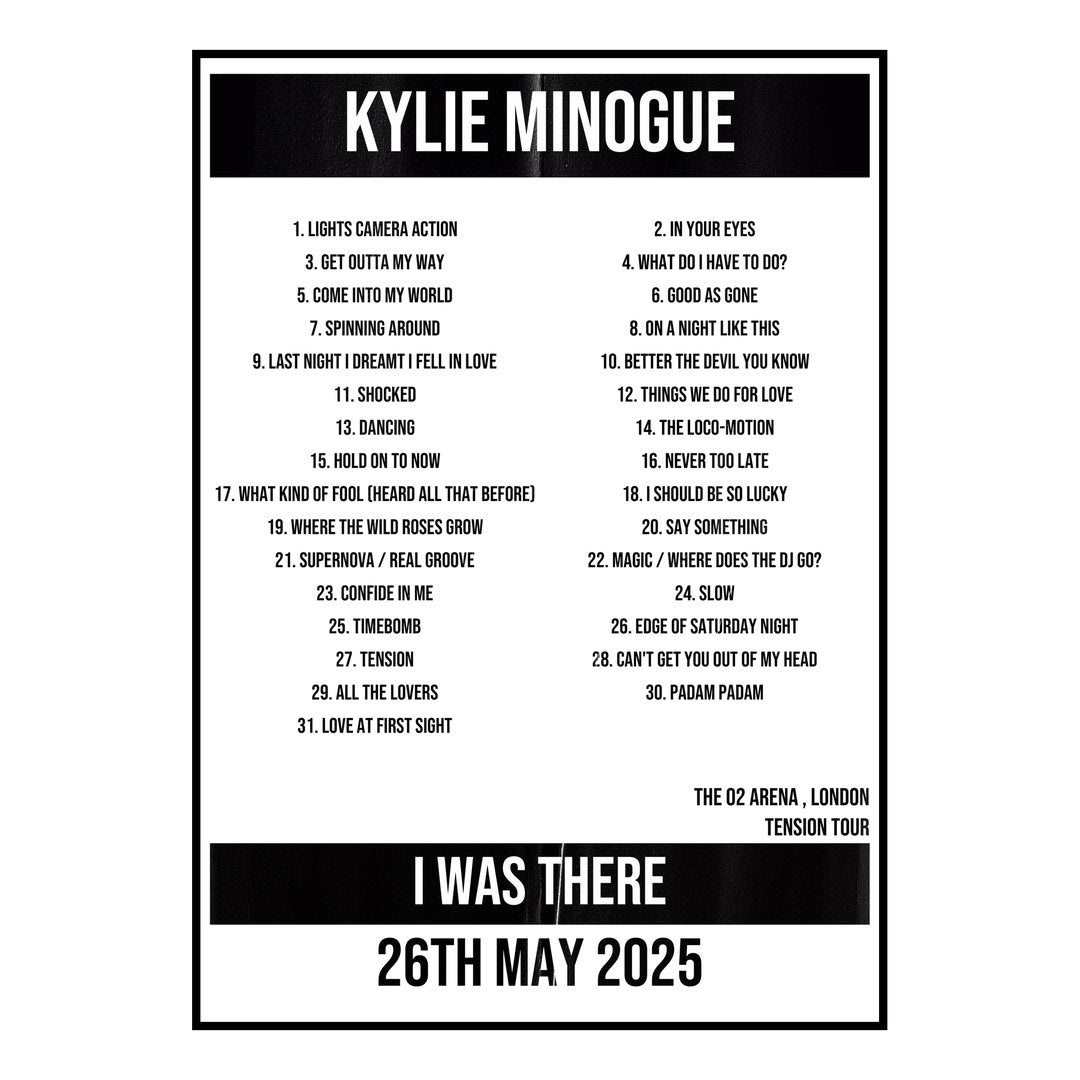Kylie Minogue London 26th May 2025 Setlist poster