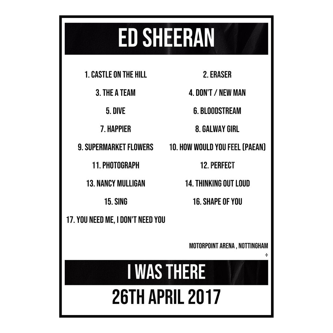 Ed Sheeran Nottingham 26th April 2017 Setlist poster