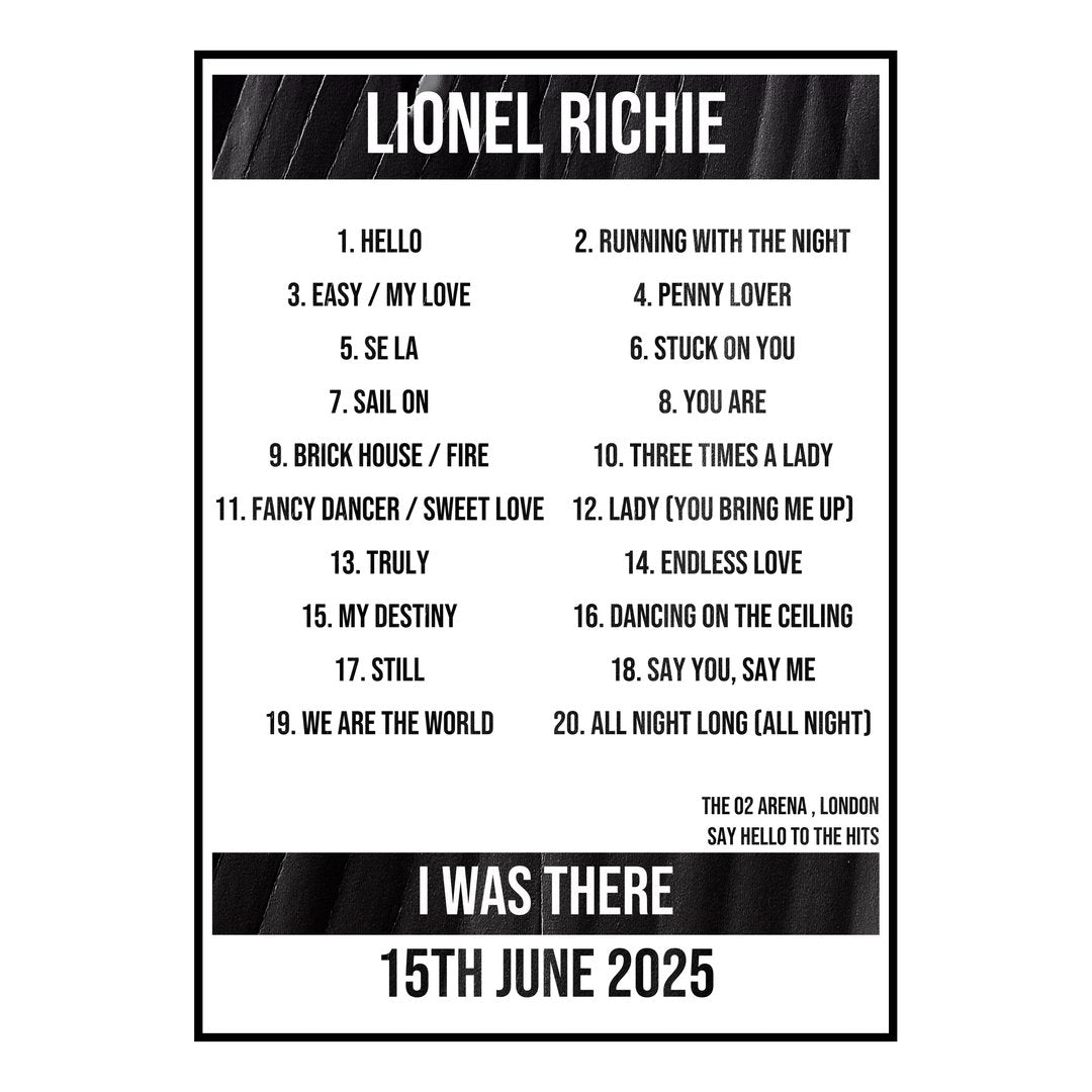 Lionel Richie London 15th June 2025 Setlist poster