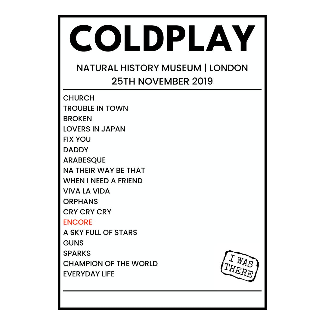 Coldplay London 25th November 2019 Setlist poster