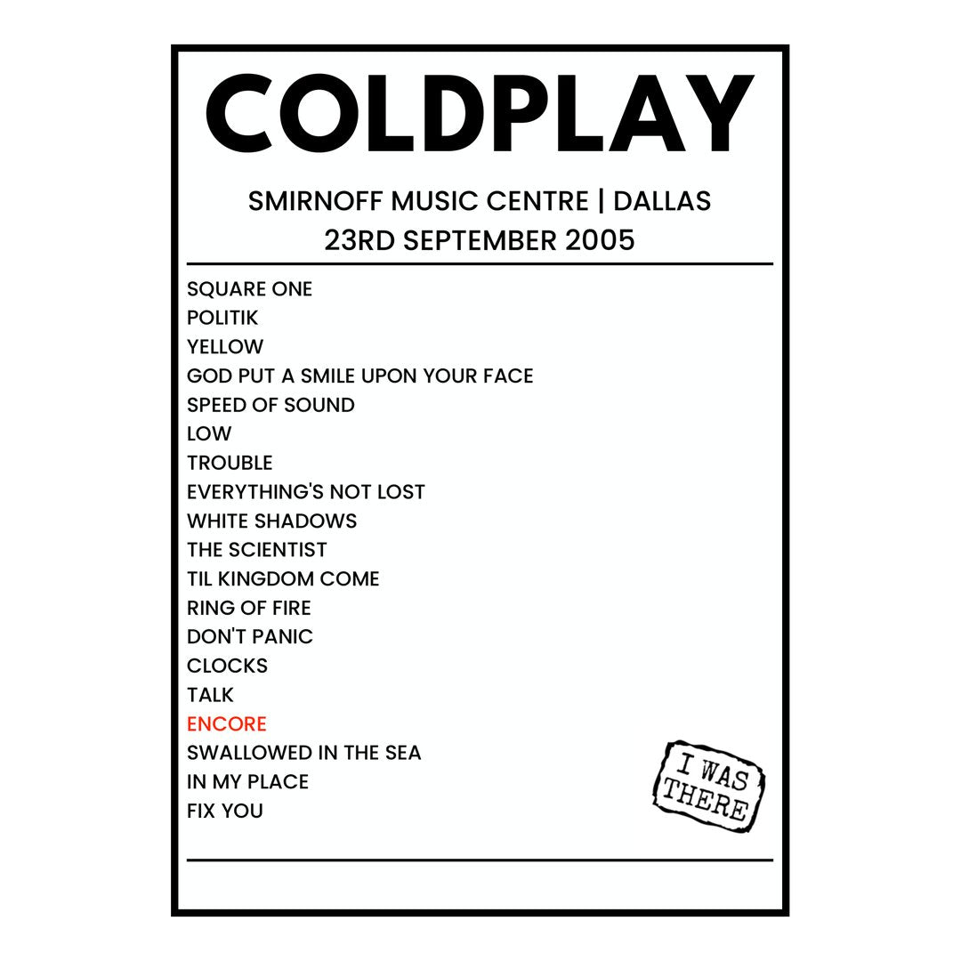 Coldplay Dallas 23rd September 2005 Setlist poster