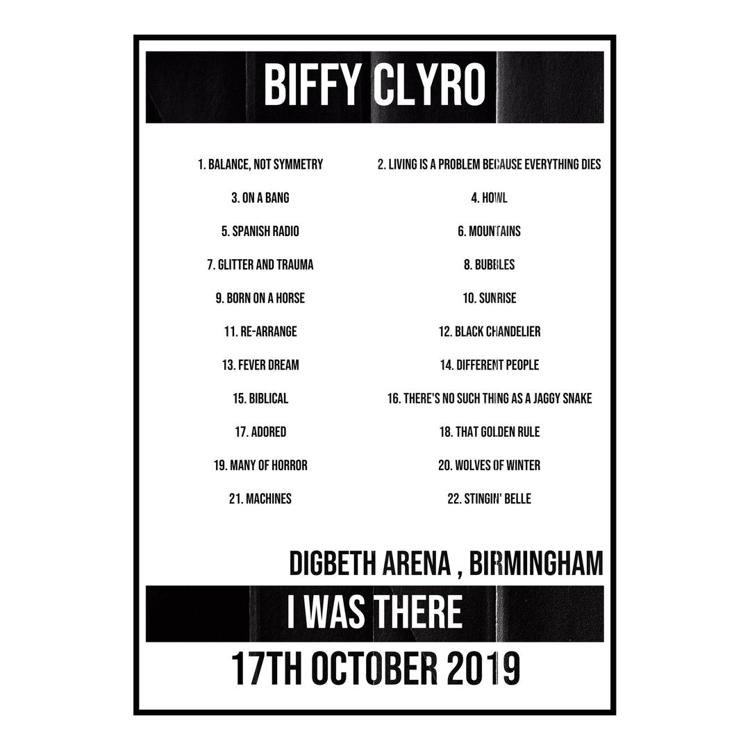 Biffy Clyro Birmingham 17th October 2019 Setlist poster
