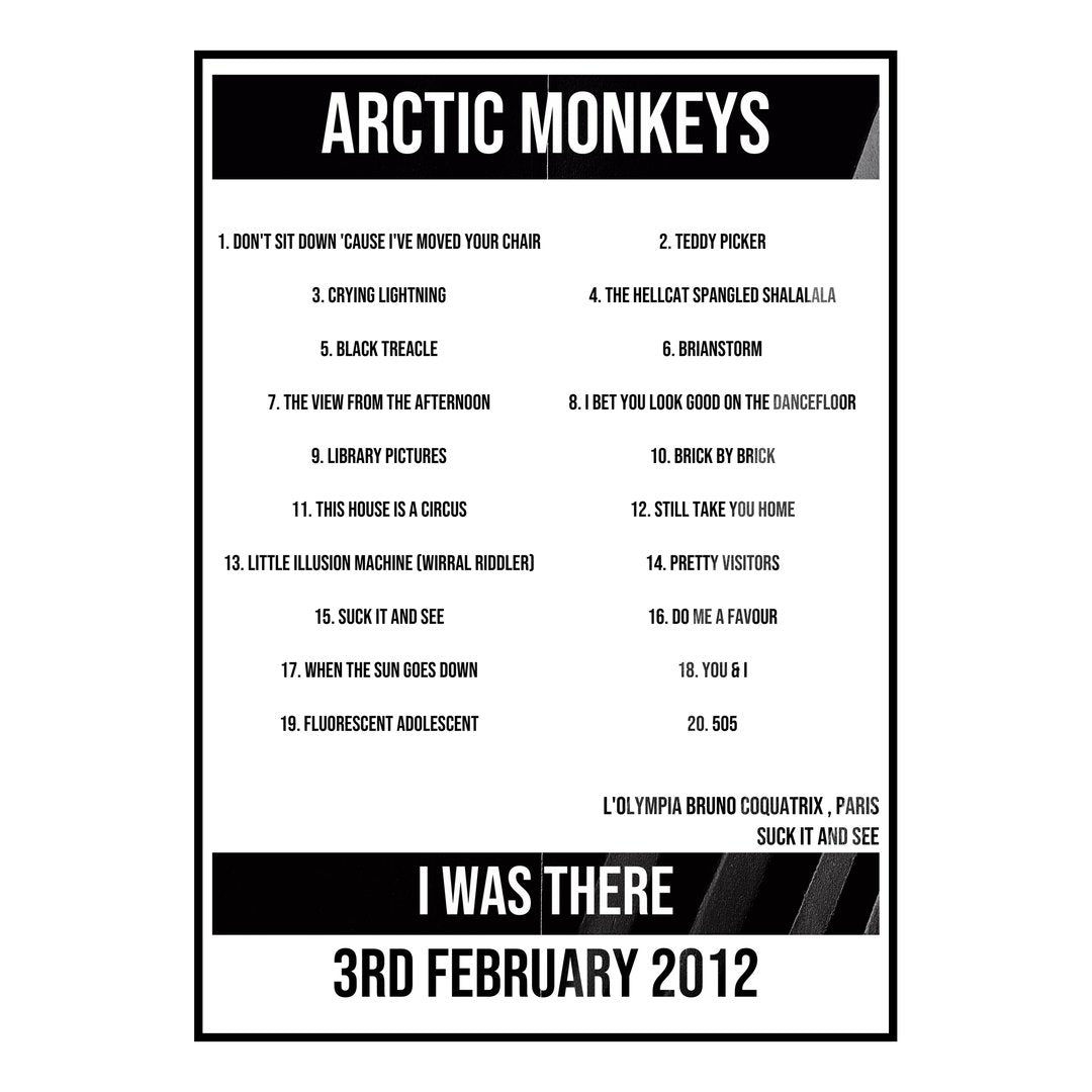 Arctic Monkeys Paris 3rd February 2012 Setlist poster
