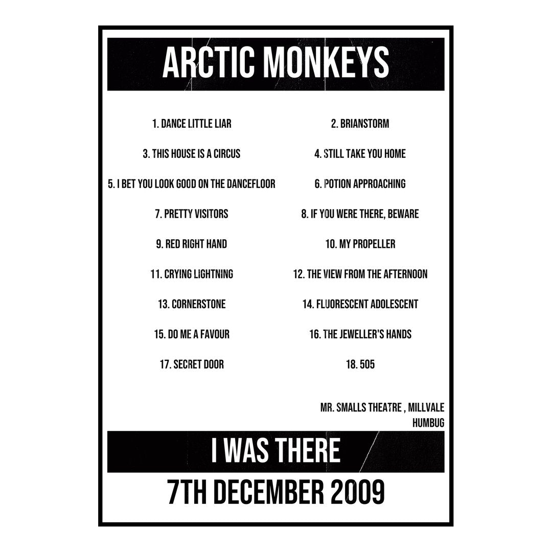 Arctic Monkeys Millvale 7th December 2009 Setlist poster