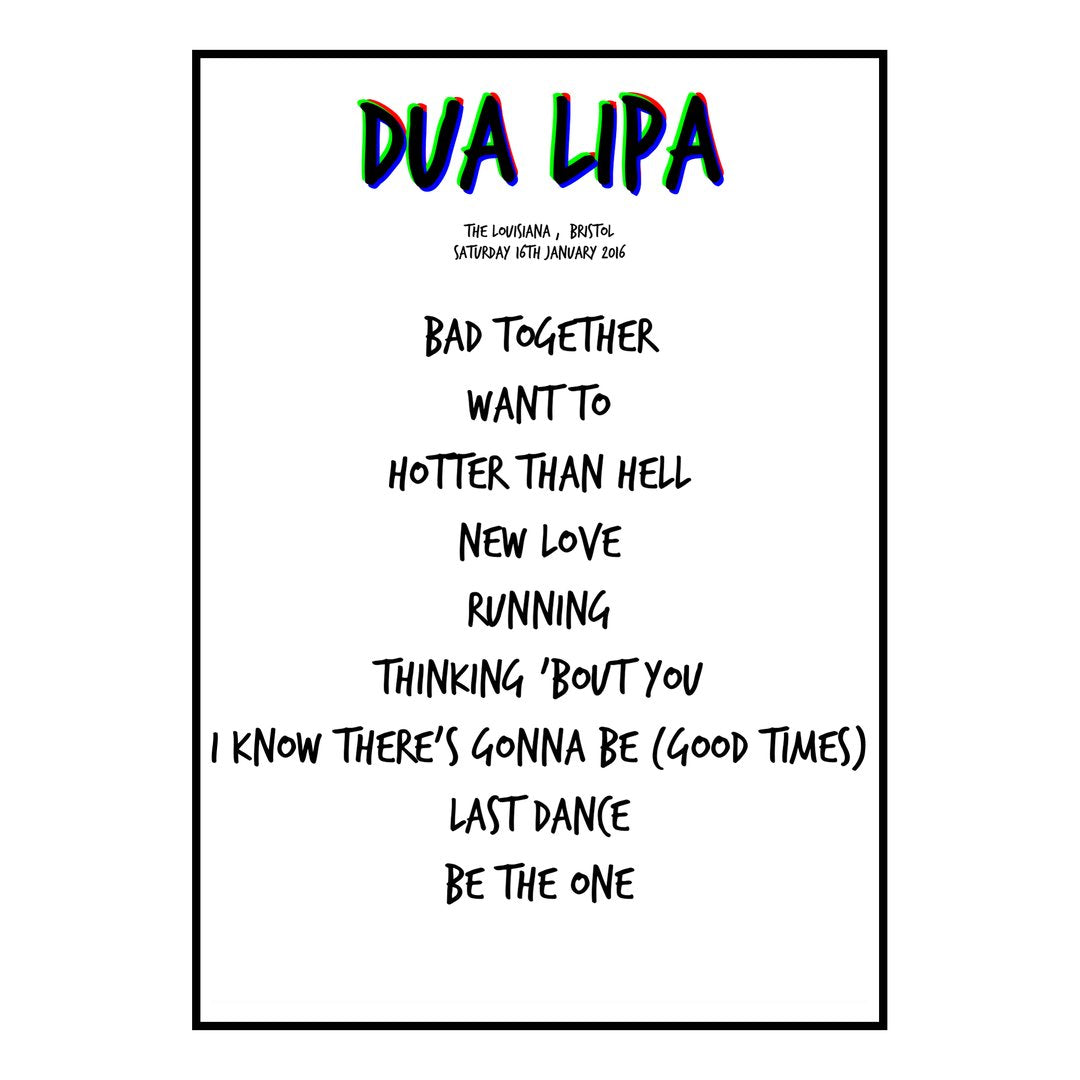 Dua Lipa Bristol 16th January 2016 Setlist poster