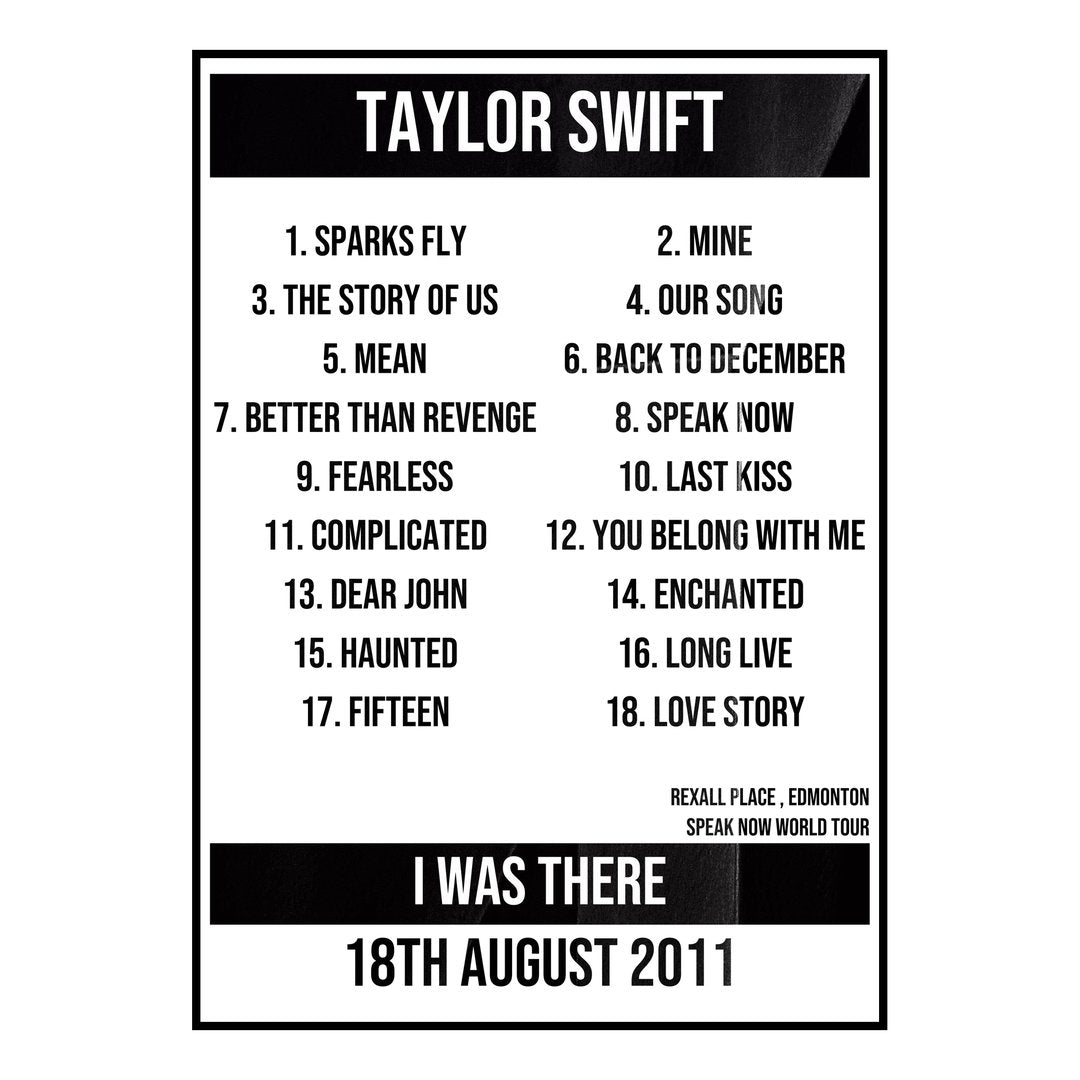 Taylor Swift Edmonton 18th August 2011 Setlist poster