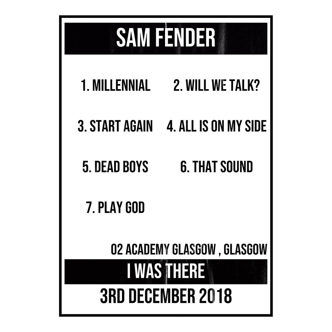 Sam Fender Glasgow 3rd December 2018 Setlist poster