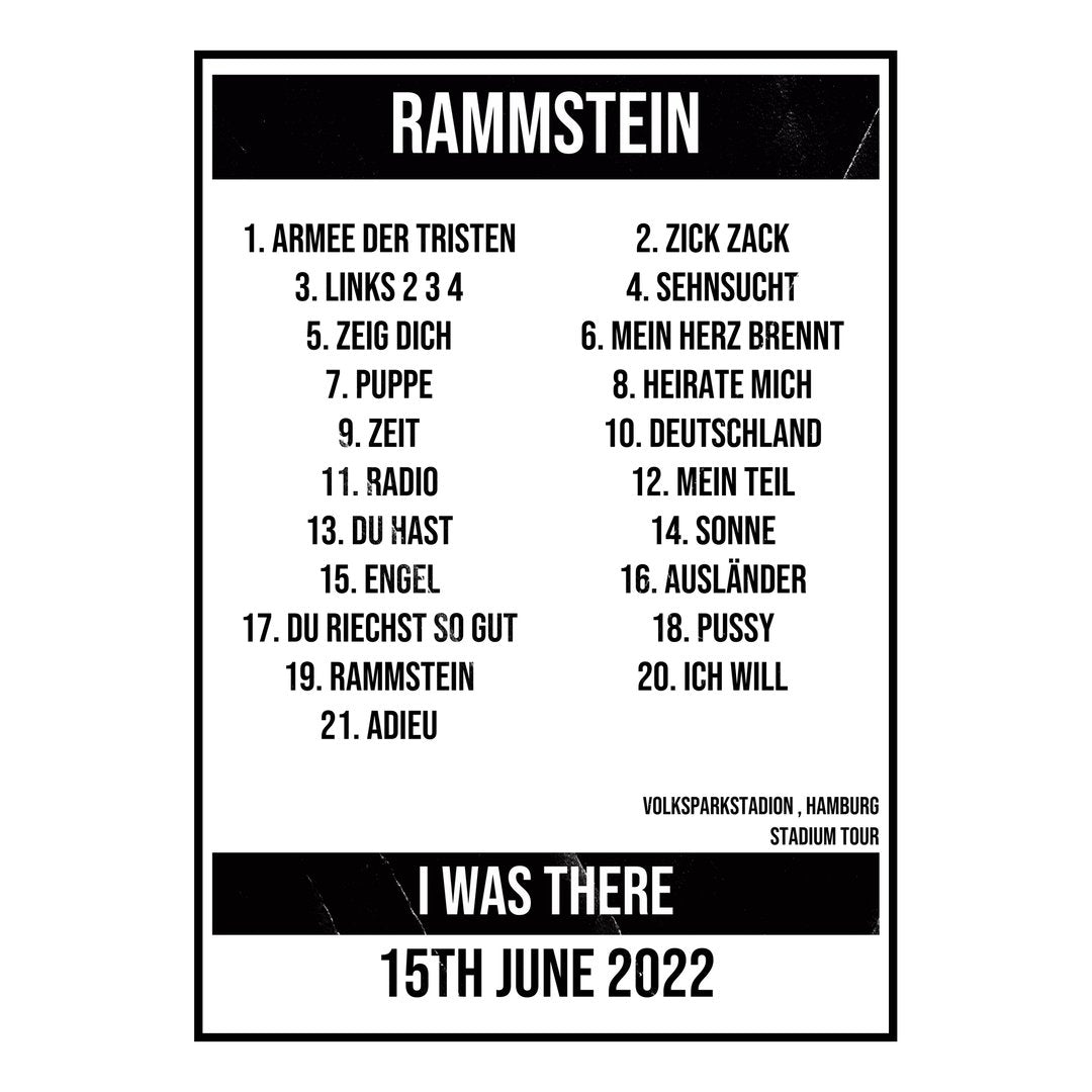 Rammstein Hamburg 15th June 2022 Setlist poster