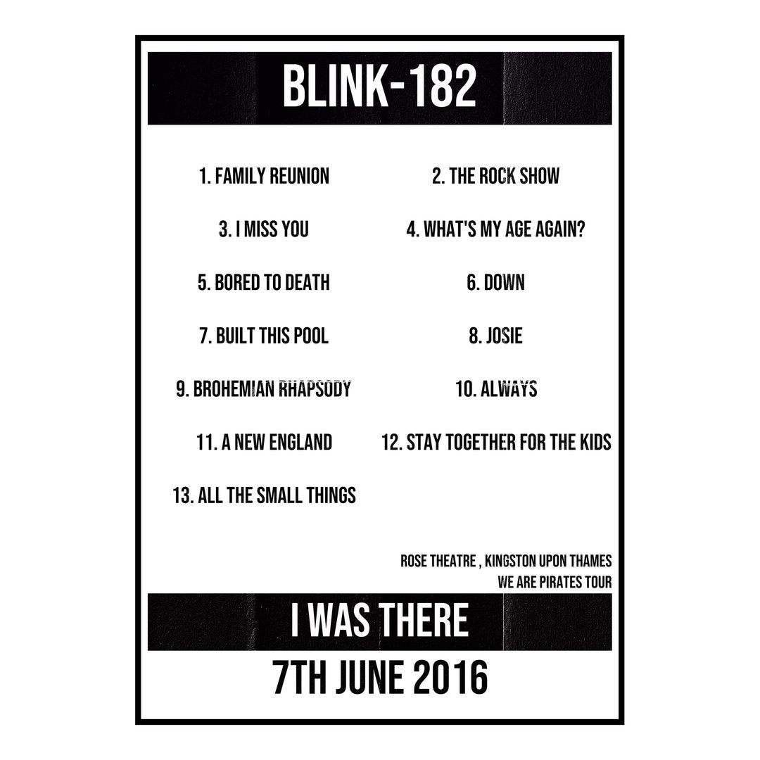 blink‐182 Kingston upon Thames 7th June 2016 Setlist poster