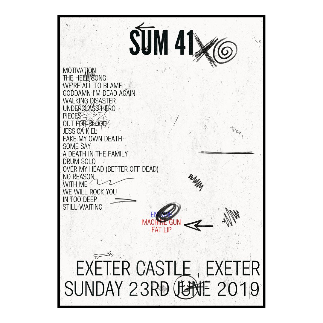 Sum 41 Exeter 23rd June 2019 Setlist poster