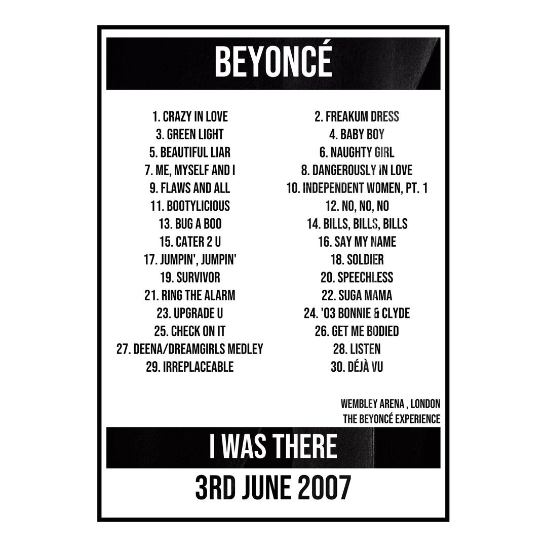 Beyoncé London 3rd June 2007 Setlist poster