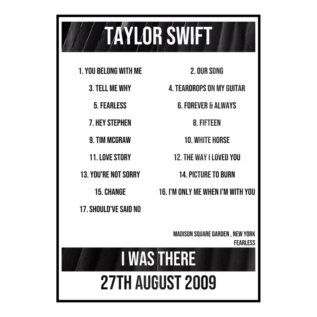 Taylor Swift New York 27th August 2009 Setlist poster