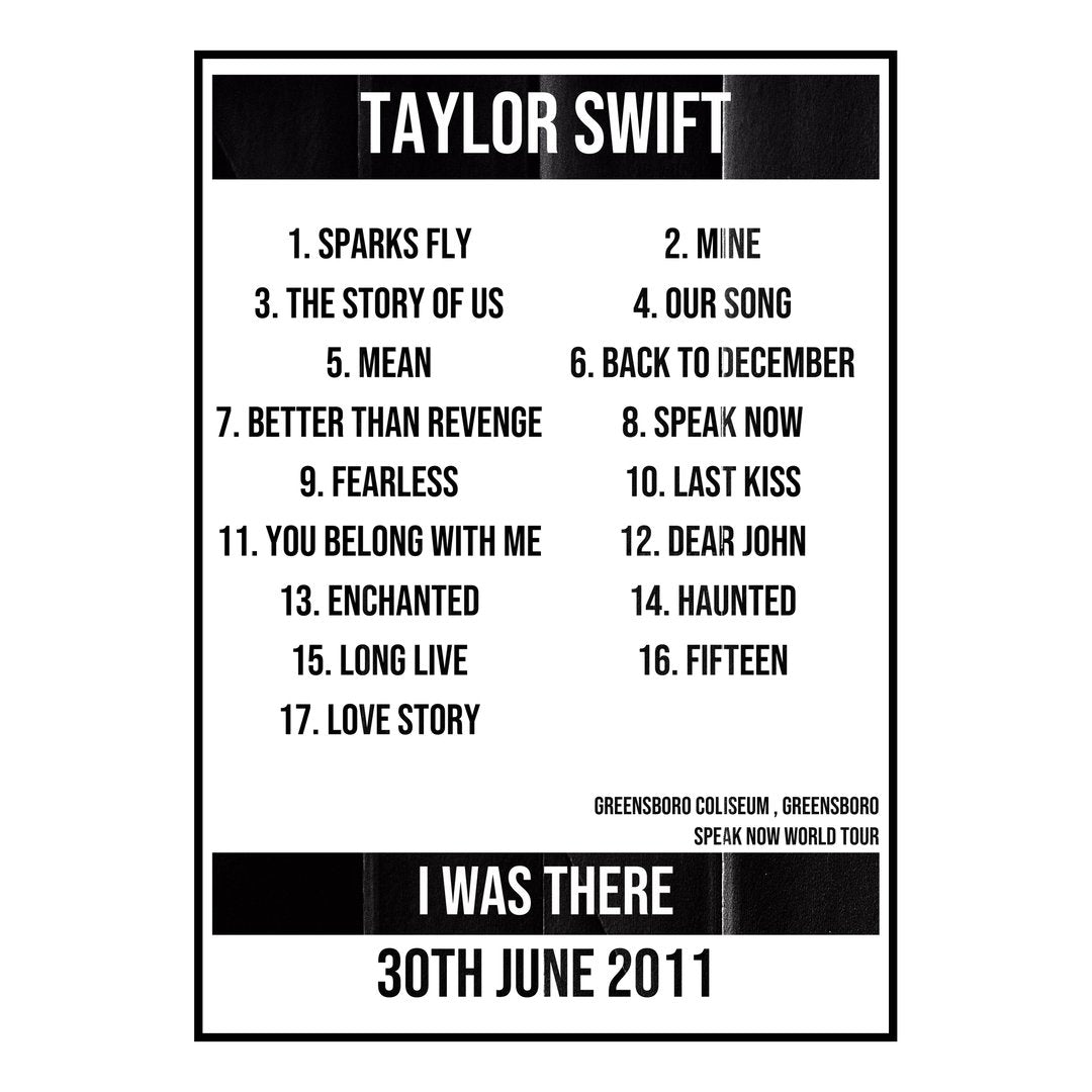 Taylor Swift Greensboro 30th June 2011 Setlist poster
