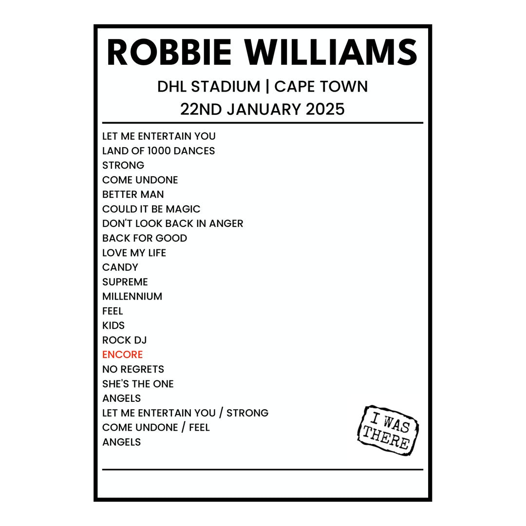 Robbie Williams Cape Town 22nd January 2025 Setlist poster