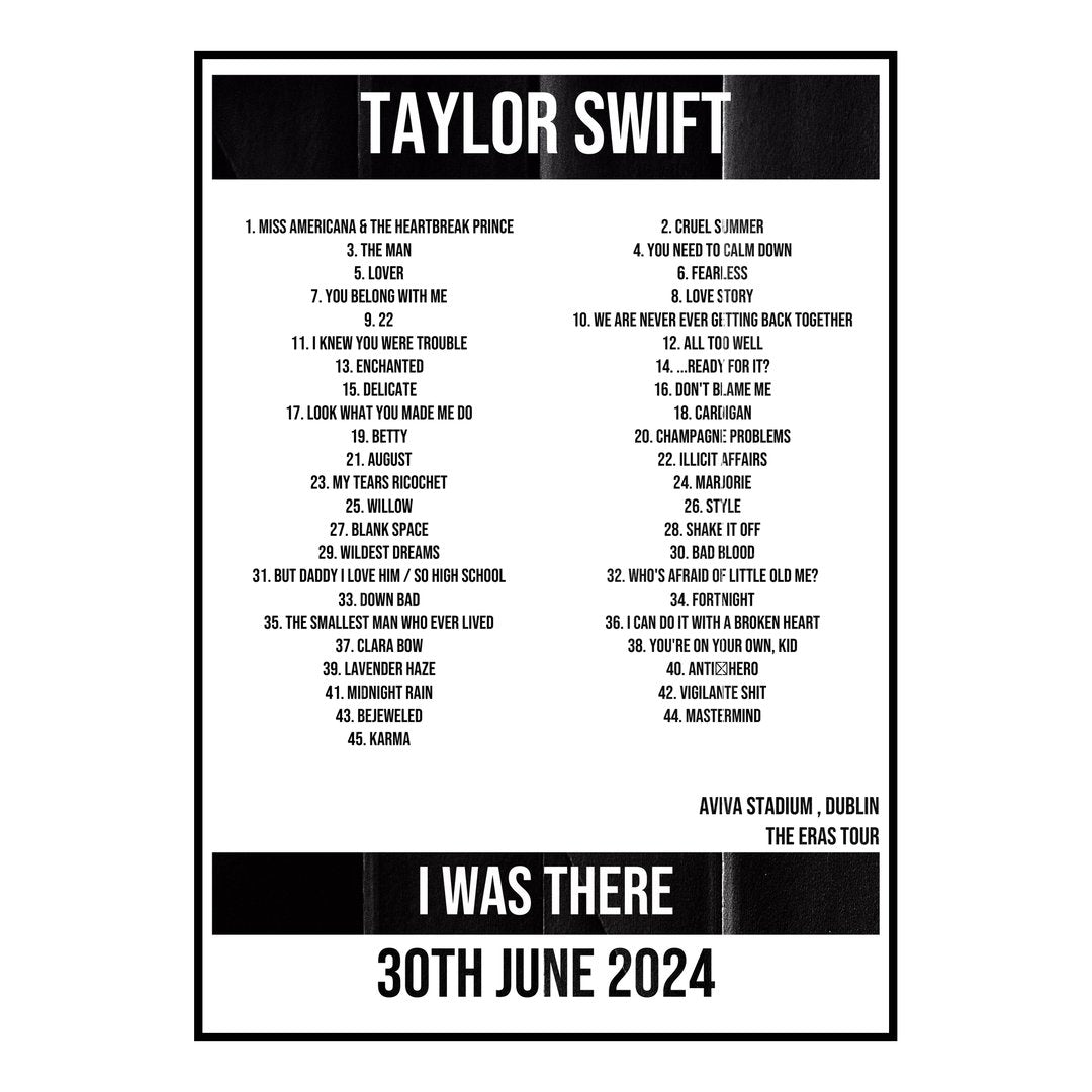Taylor Swift Dublin 30th June 2024 Setlist poster