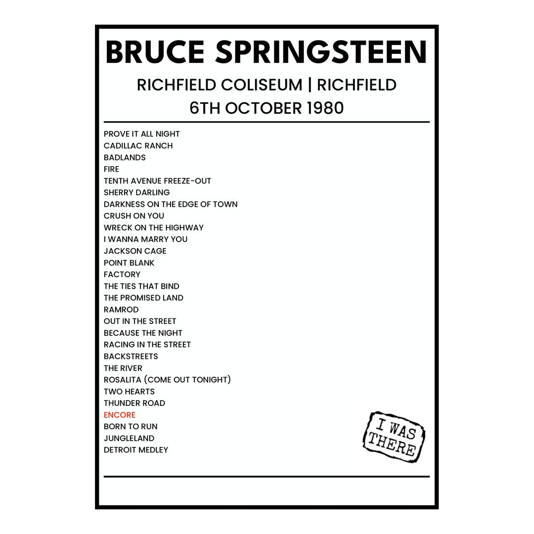 Bruce Springsteen Richfield 6th October 1980 Setlist poster