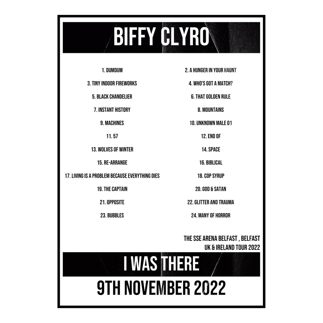 Biffy Clyro Belfast 9th November 2022 Setlist poster