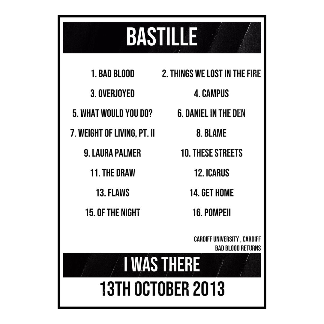 Bastille Cardiff 13th October 2013 Setlist poster