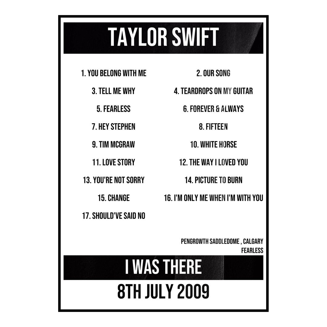 Taylor Swift Calgary 8th July 2009 Setlist poster