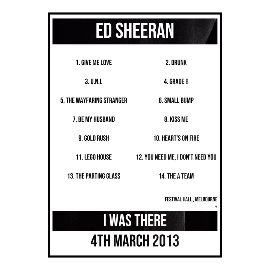 Ed Sheeran Melbourne 4th March 2013 Setlist poster
