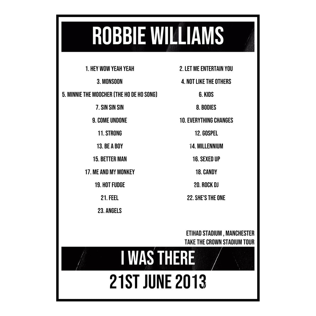 Robbie Williams Manchester 21st June 2013 Setlist poster