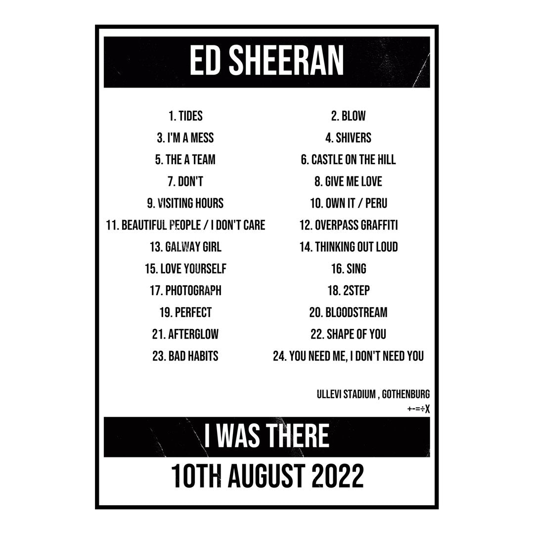 Ed Sheeran Gothenburg 10th August 2022 Setlist poster