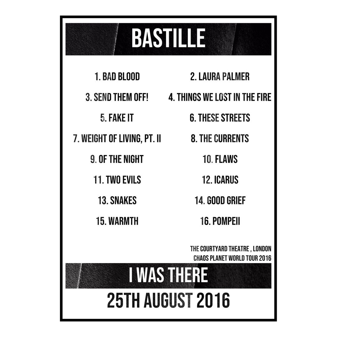 Bastille London 25th August 2016 Setlist poster