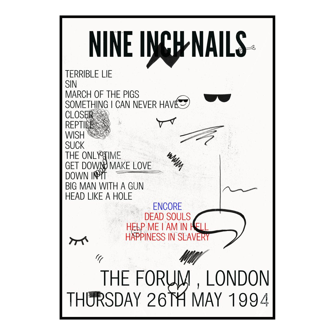 Nine Inch Nails London 26th May 1994 Setlist poster