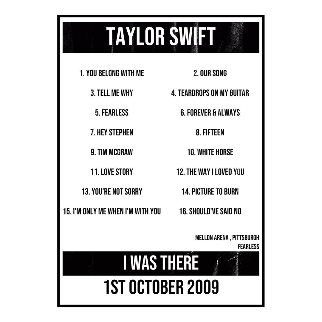 Taylor Swift Pittsburgh 1st October 2009 Setlist poster