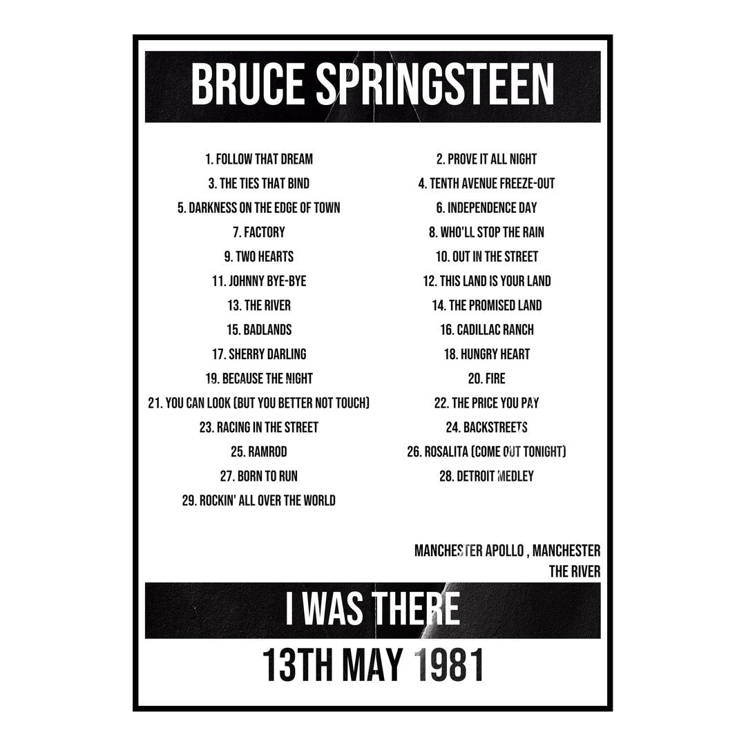 Bruce Springsteen Manchester 13th May 1981 Setlist poster