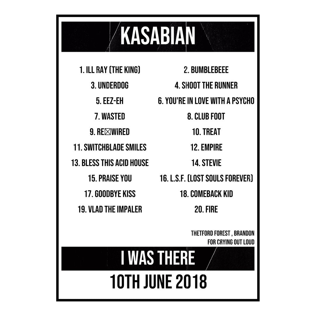 Kasabian Brandon 10th June 2018 Setlist poster