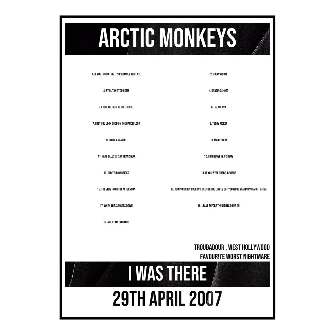 Arctic Monkeys West Hollywood 29th April 2007 Setlist poster
