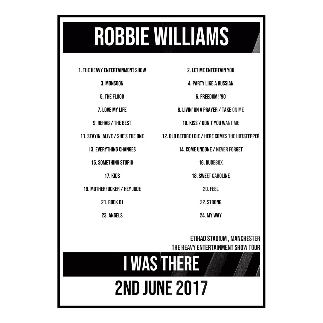 Robbie Williams Manchester 2nd June 2017 Setlist poster