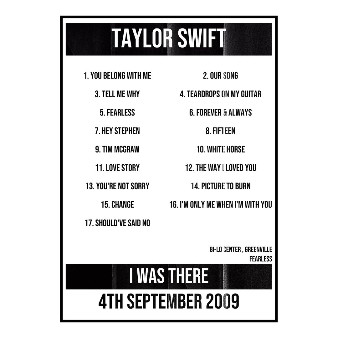 Taylor Swift Greenville 4th September 2009 Setlist poster