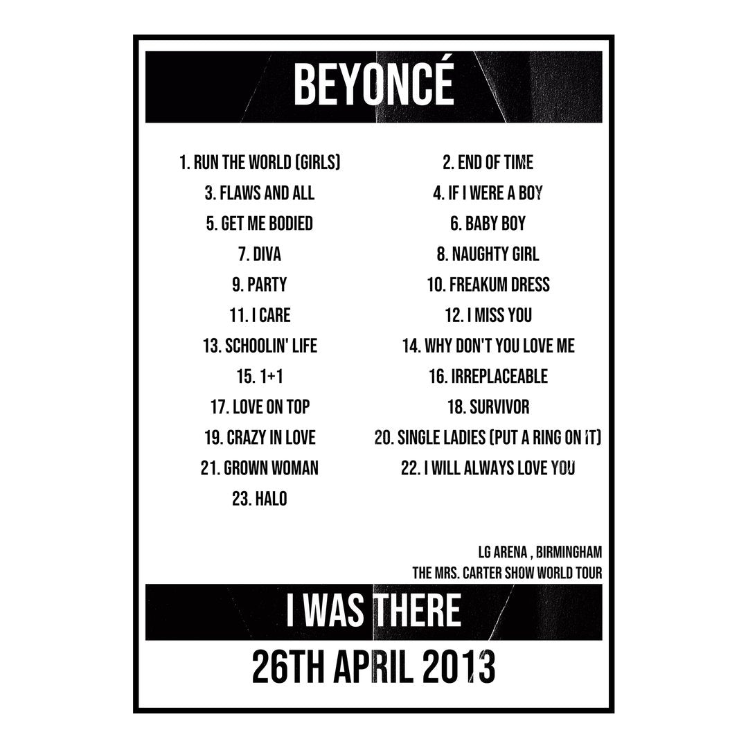Beyoncé Birmingham 26th April 2013 Setlist poster