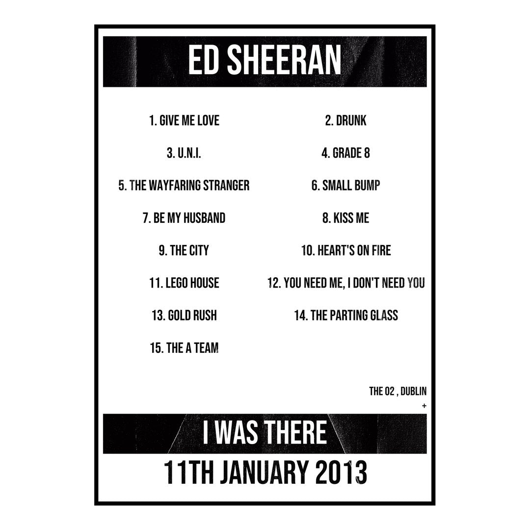 Ed Sheeran Dublin 11th January 2013 Setlist poster