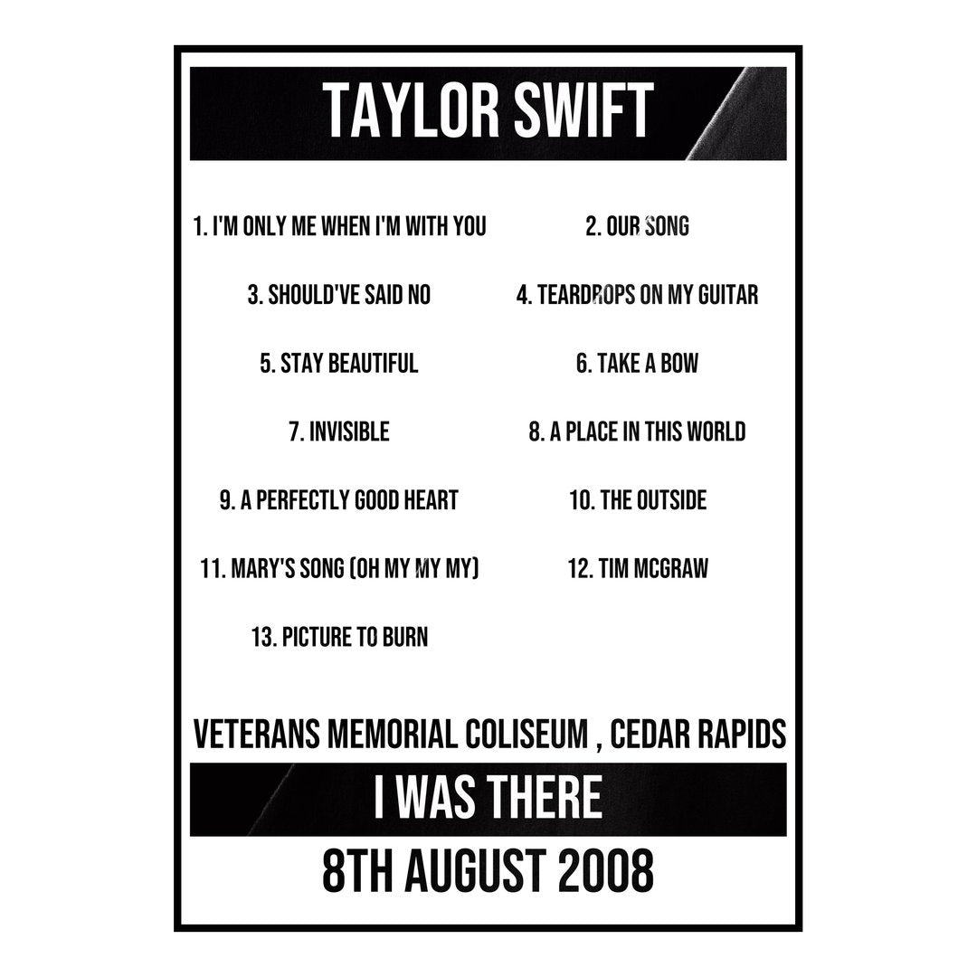 Taylor Swift Cedar Rapids 8th August 2008 Setlist poster