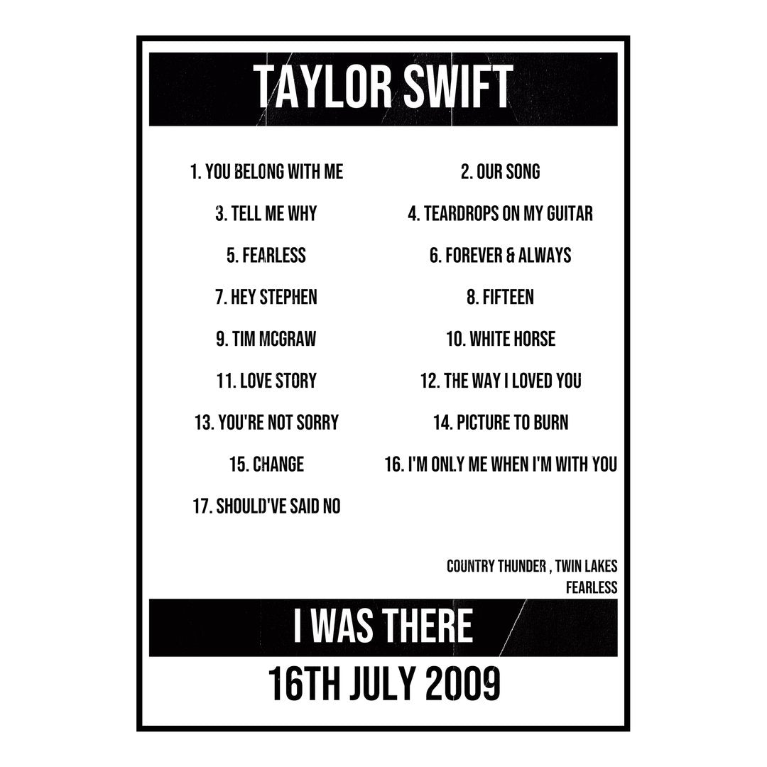 Taylor Swift Twin Lakes 16th July 2009 Setlist poster
