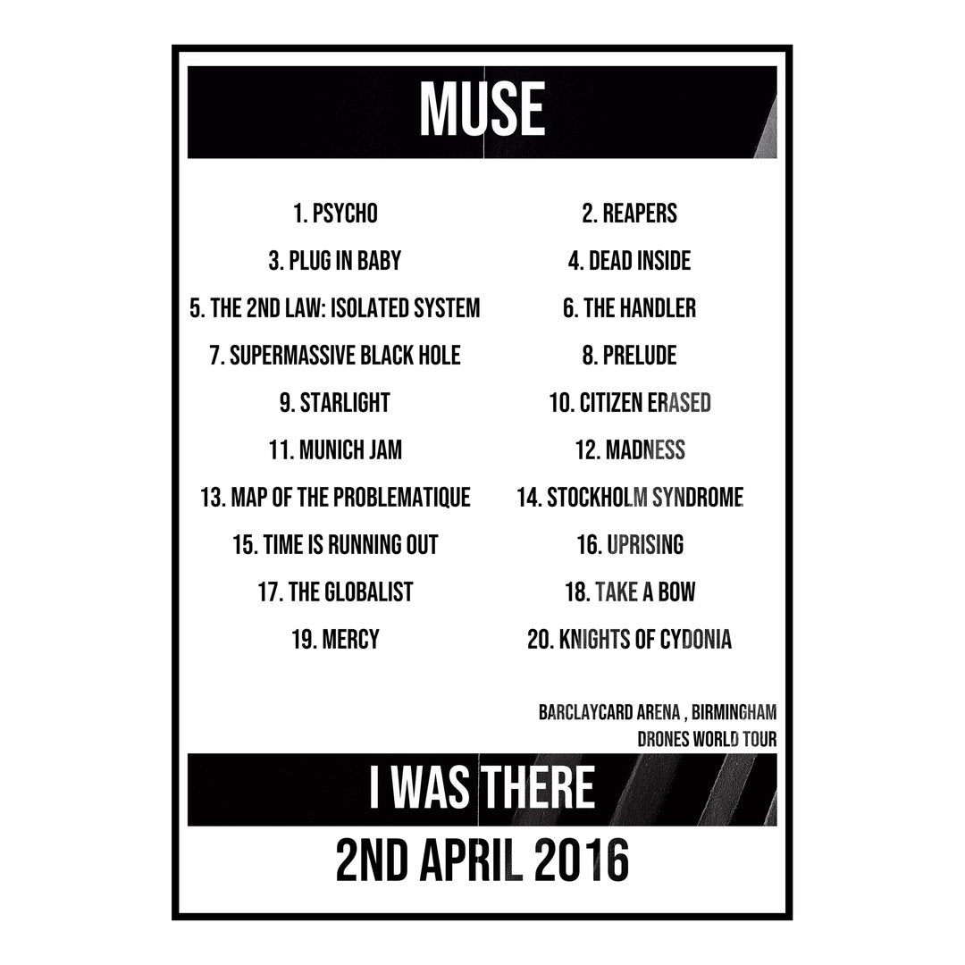 Muse Birmingham 2nd April 2016 Setlist poster