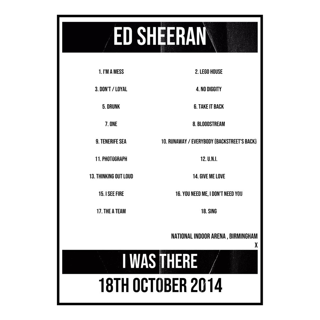 Ed Sheeran Birmingham 18th October 2014 Setlist poster