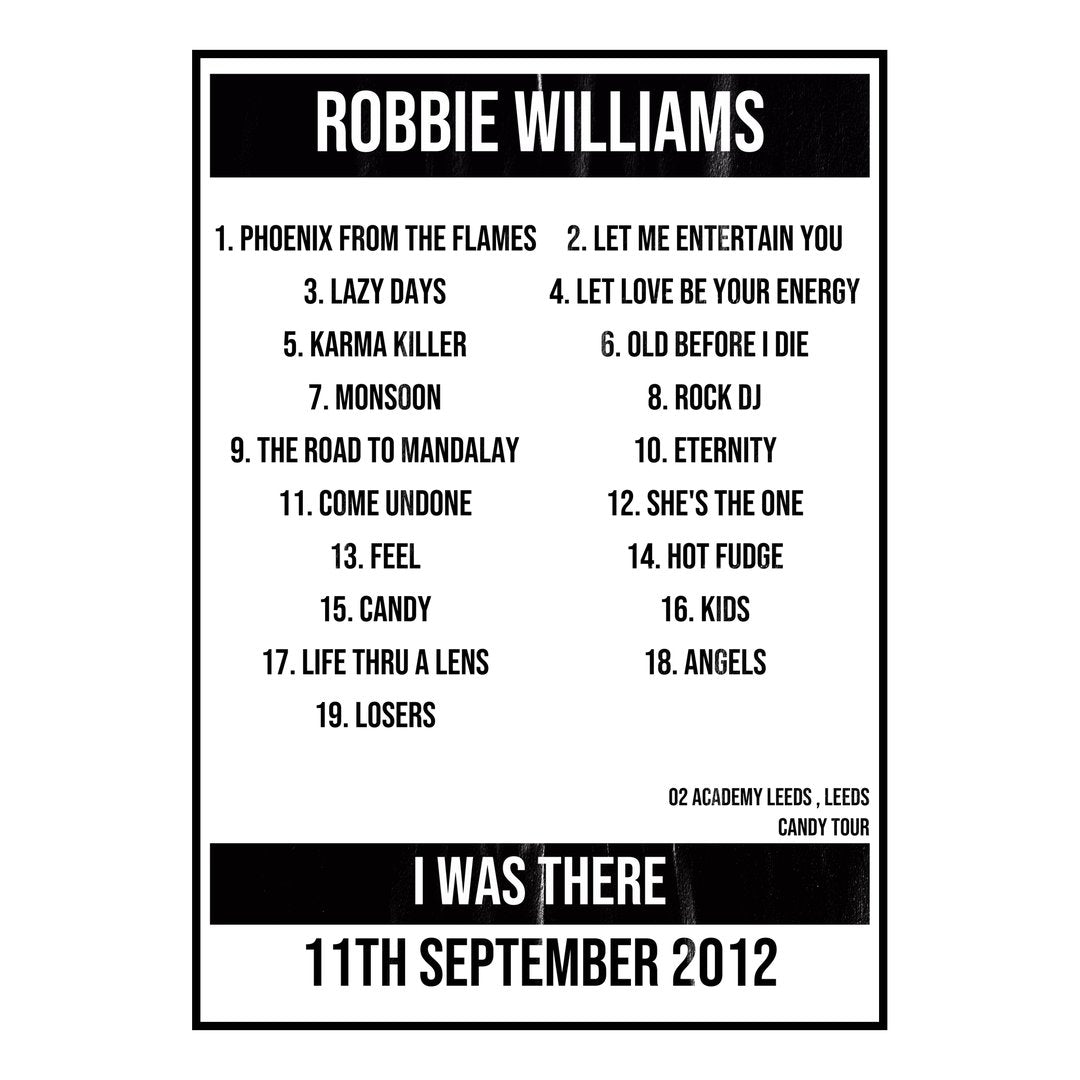 Robbie Williams Leeds 11th September 2012 Setlist poster