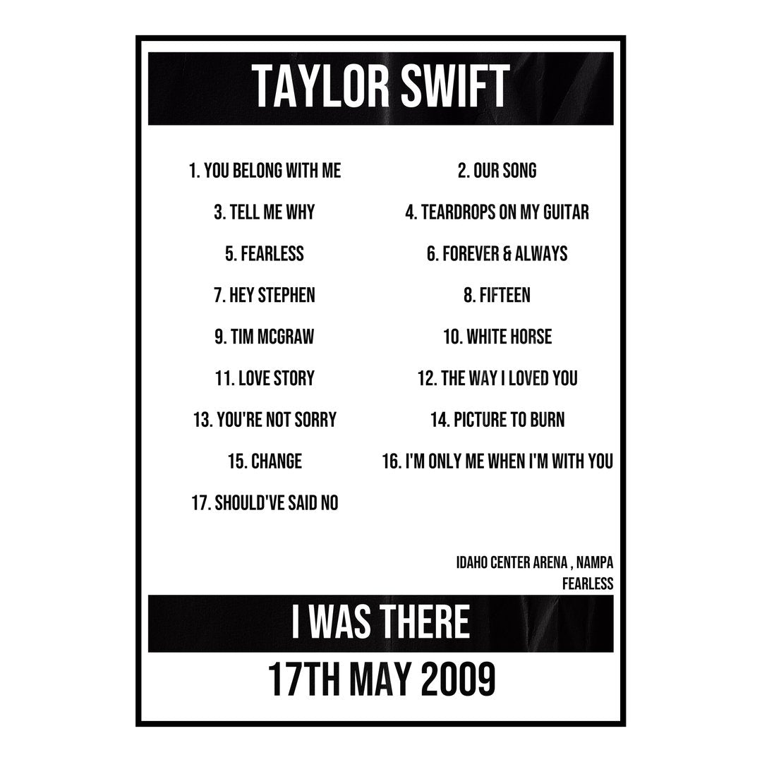 Taylor Swift Nampa 17th May 2009 Setlist poster